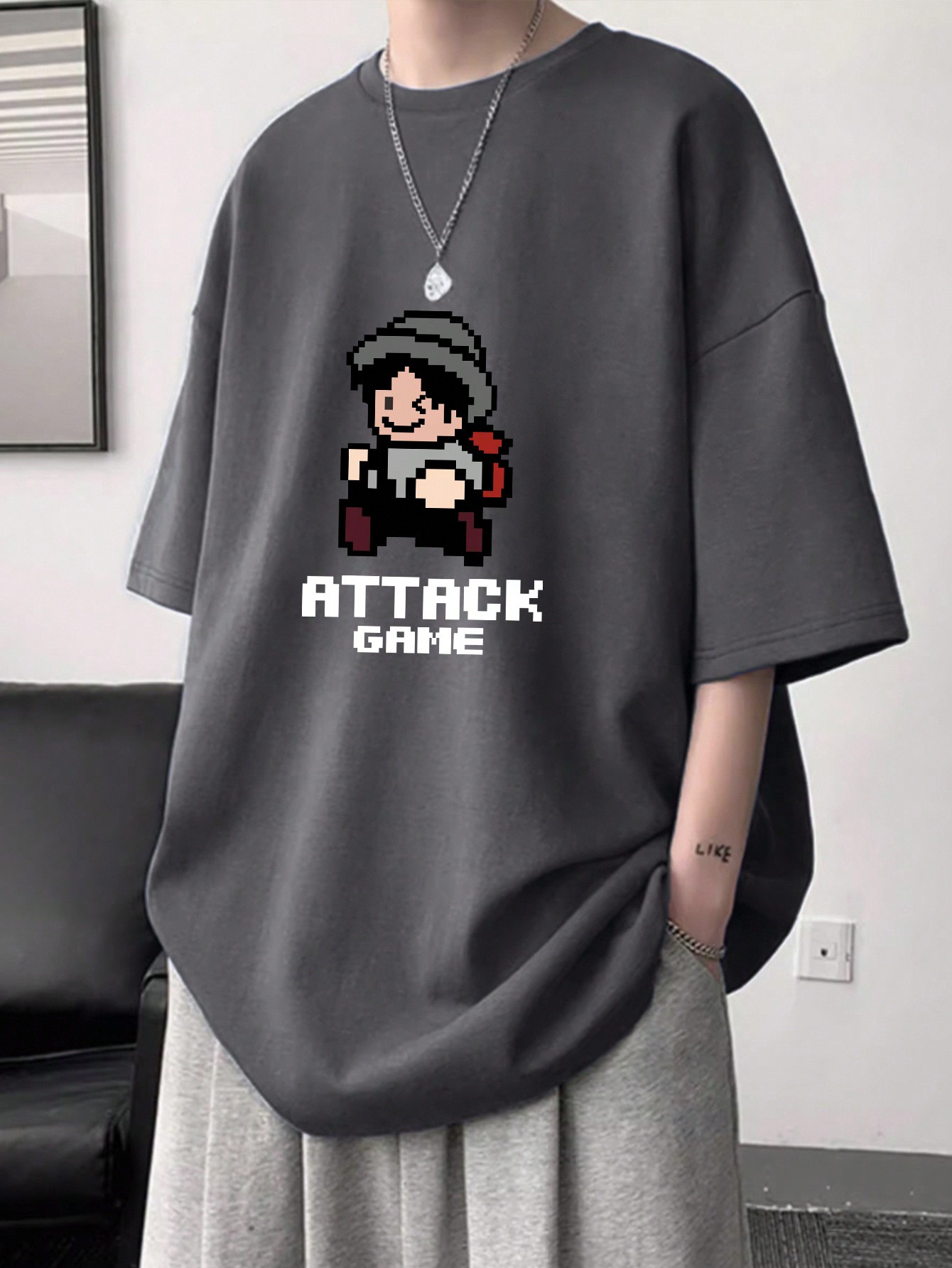Men's Oversized Letter & Cartoon Character Print Drop Shoulder T-Shirt