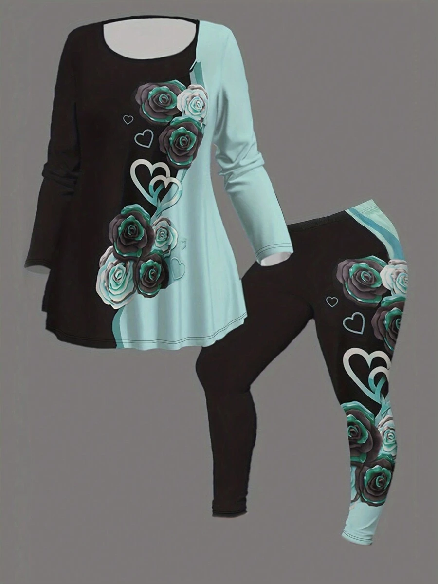 大尺碼女士休閒愛心印花拼接長袖t恤和褲子套裝