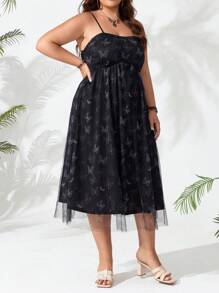 Celure Plus Size Butterfly Printed Mesh Splice Cami Dress