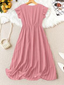 SHEIN Clasi Plus Size Women's Striped V-Neck Dress With Waist Bow Decoration Maxi Women Outfit