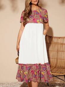 SHEIN VCAY Geo Print Ruffle Hem Smock Dress With Sleeves