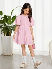 SHEIN Tween Girl's Woven Collared Button-Down Bubble Short Sleeve Dress - Baby Pink - View 3