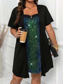 EMERY ROSE Plus Size Sweetheart Neck Mushroom Button Decor Soft Knit Mesh Glitter Sequins Asymmetrical Hem Casual Pullover Dress For Work And Outdoor, For Summer - Multicolor - View 8