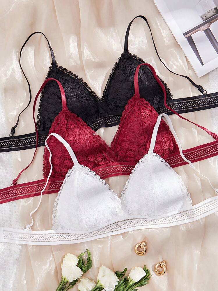 DesireSculpt Lot de 3 brassières en dentelle de couleur unie pour femmes - Multicolore - Voir 1