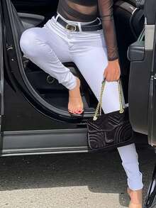 女式休闲百搭口袋牛仔紧身裤 - 白色 - 查看 3