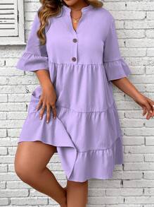 SHEIN LUNE 大尺碼純色擴張袖口有挺領連身裙 - 紫色 - 查看 4