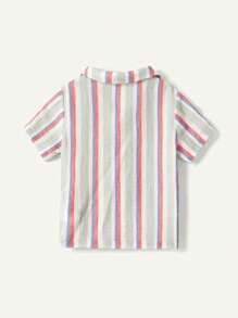 Cozy Pixies Baby Boy Casual Striped Polo Shirt With Turn-Down Collar And Front Buttoned Short Sleeve Top - Blue - View 2