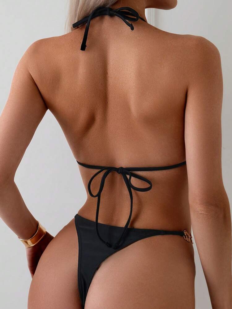 Women's Rhinestone Decor Halter Neck Bikini Set, Two Pieces Swimwear, Triangle Bikini Set, Thong Bikini Set Bathing Suit Beach Outfit Summer Vacation Summer Beach