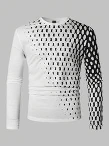Manfinity Homme Áo thun nam cổ tròn tay dài in họa tiết chấm bi hình học, thích hợp đi chơi, mặc cùng bạn bè, họa tiết hình học dành cho nam, áo thun họa tiết dành cho nam, mùa thu - trắng - Xem 4