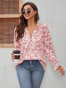 Chemise ample à manches longues, col en V, imprimé floral, avec cordon de serrage - Rouge - Voir 7