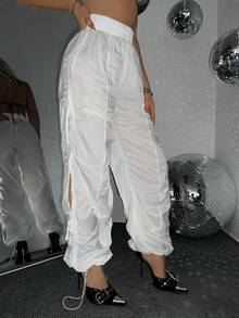 SHEIN ICON Của phụ nữ Rộng Eo đàn hồi Dây rút Bán trong suốt Dài Quần - trắng - Xem 5