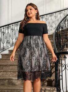 Cravure 大码女式撞色蕾丝露肩短袖优雅舞会礼服 - 黑色 - 查看 4