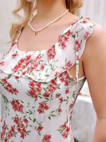 GENKIRA Random Ditsy Floral Ruffle Bow Tie Asymmetrical Neck Ruffled Waist Asymmetrical Hem Camisole Dress For Women - Multicolor - View 6