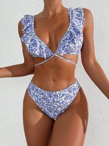 Swim Mod 女士印花荷叶边比基尼套装，比基尼套装海滩泳装泳衣夏季，夏季海滩 - 淺藍色 - 查看 1