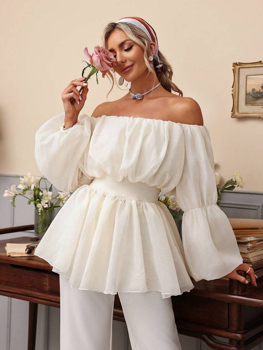 GENKIRA Của phụ nữ Màu thuần Off-shoulder Tay áo lồng đèn Áo sơ mi - Màu be - Xem 1