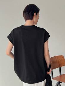 FRIFUL Women's Solid Color V-Neck Batwing Sleeve T-Shirt - Black - View 5