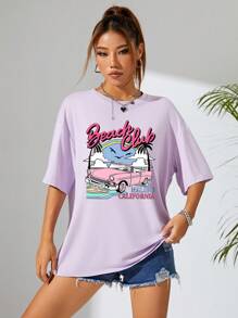 INAWLY Women's Palm Tree & Letter Print Round Neck Drop Shoulder Short Sleeve T-Shirt - Purple - View 5