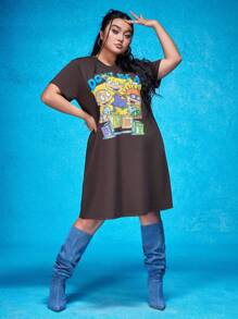 Nick 90s | SHEIN 大码时尚休闲卡通图案棕色连衣裙 - 棕色 - 查看 4