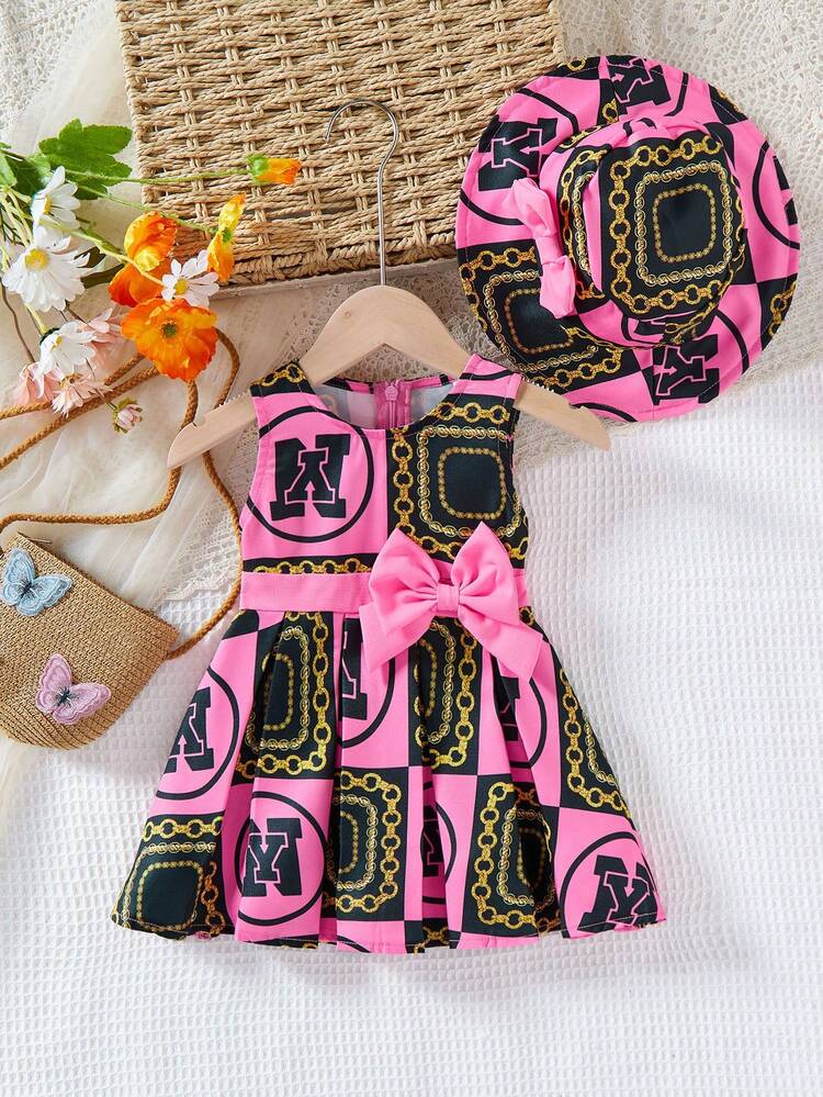 Baby Girls' Vintage Plaid Pattern Sleeveless Dress With Bowknot And Hat Casual Outfit