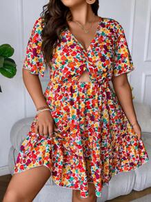 Breezaya Talla Grande Vestido Con Estampado Floral De Flor Completa, Manga Corta Con Volantes Entrecruzados Y Recortes