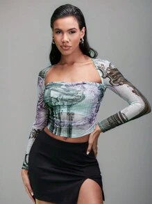 SHEIN BAE Women's Retro Building Mesh Print Square Neck Pleated High Street Spring Daily Long Sleeve T-Shirt - Green - View 7