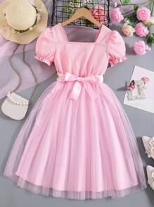 Váy công chúa màu hồng thắt lưng thêu hoa ngắn tay cho bé gái Tween, Đầm dự tiệc thanh lịch ngày lễ - Hồng - Xem 2