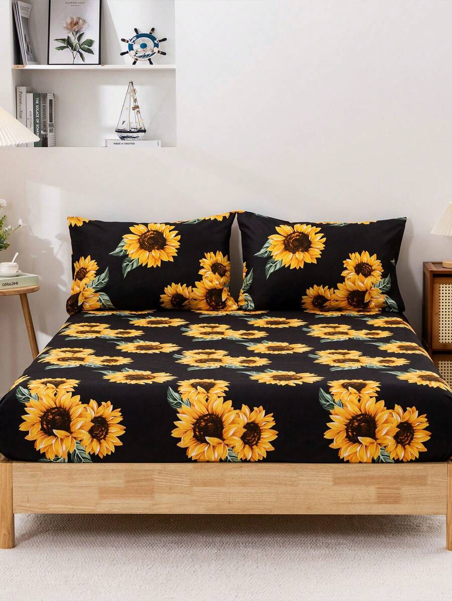 3入組向日葵床上用品設計（全尺寸）與純色背景，舒適的床上用品，向日葵主題裝飾床上用品（1床墊套+ 2枕套），適用於女孩的臥室裝飾
