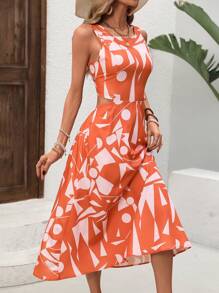 SHEIN VCAY Vestido naranja sin mangas para mujer con estampado geométrico, cintura recortada y cuello redondo - Naranja - Ver 3