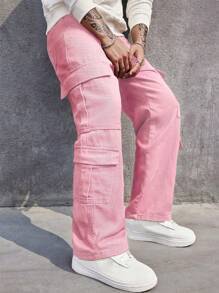 Manfinity EMRG Men Solid Flap Pocket Side Cargo Jeans - Pink - View 4