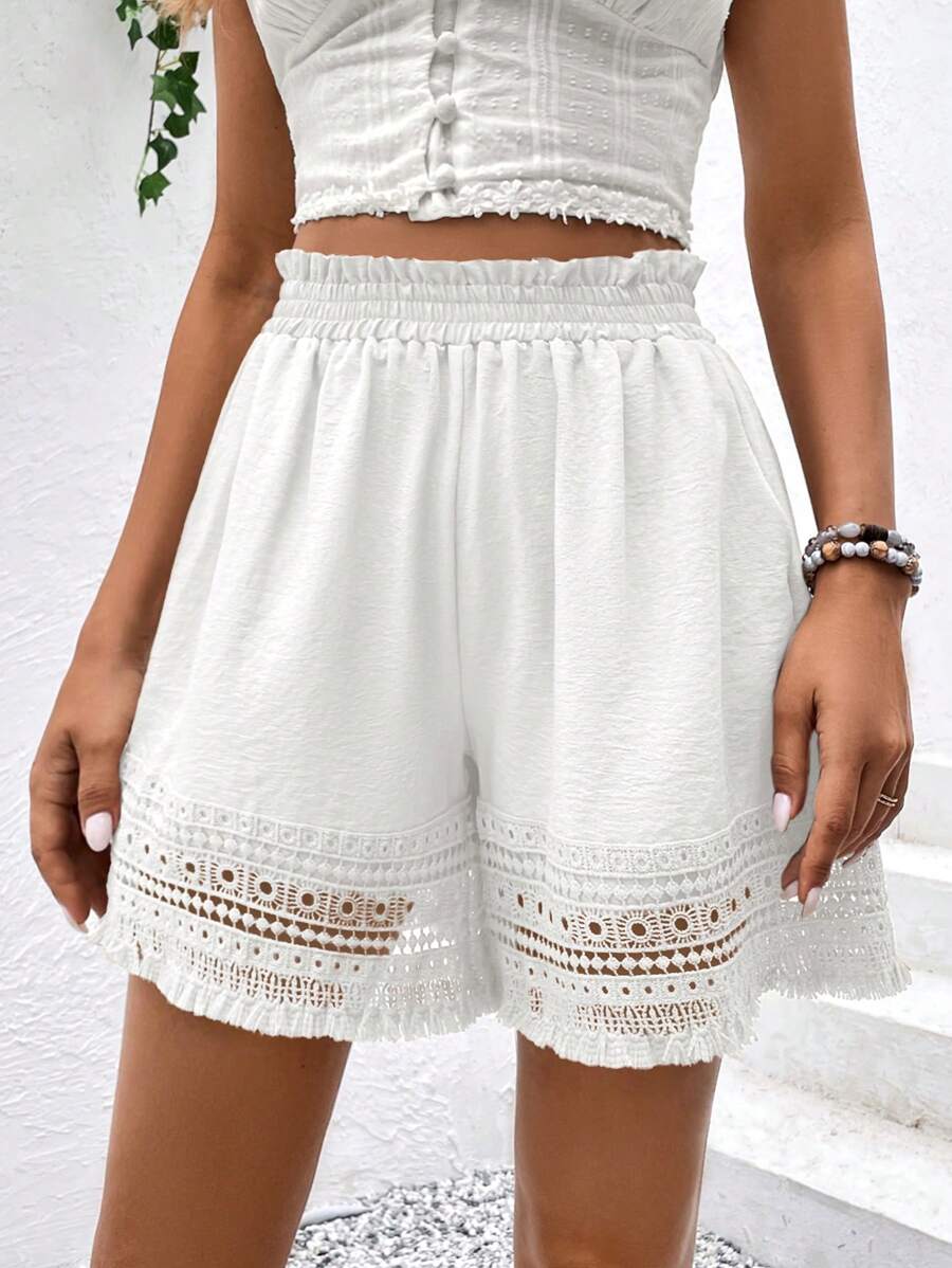 Breezaya Pantalones Cortos De Encaje Para Mujeres Con Cintura De Volantes - Blanco - Ver 1