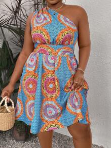 Breezaya Plus Size Women's Leopard Print One Shoulder Sleeveless Dress With Pockets