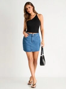 SHEIN BASICS 단색 원숄더 타이트 크롭 탑 - 멀티컬러 - 보기 3