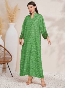 Al Najma 女士綠色印花長袍寬鬆阿拉伯長袍 - 綠色 - 查看 3