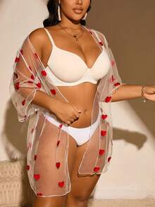 SHEIN Swim Curve Kimono trong suốt in hình trái tim cỡ lớn mùa hè cho nữ - Đỏ và trắng - Xem 6