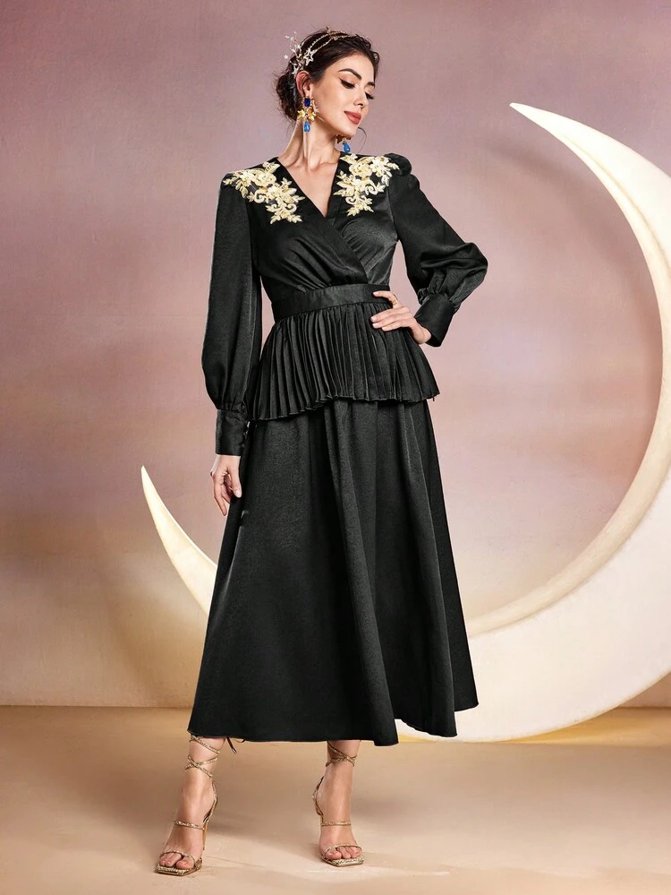 Women's Floral Patterned Lantern Sleeve Pleated Hem Shirt And Skirt Set 2 Pieces Set