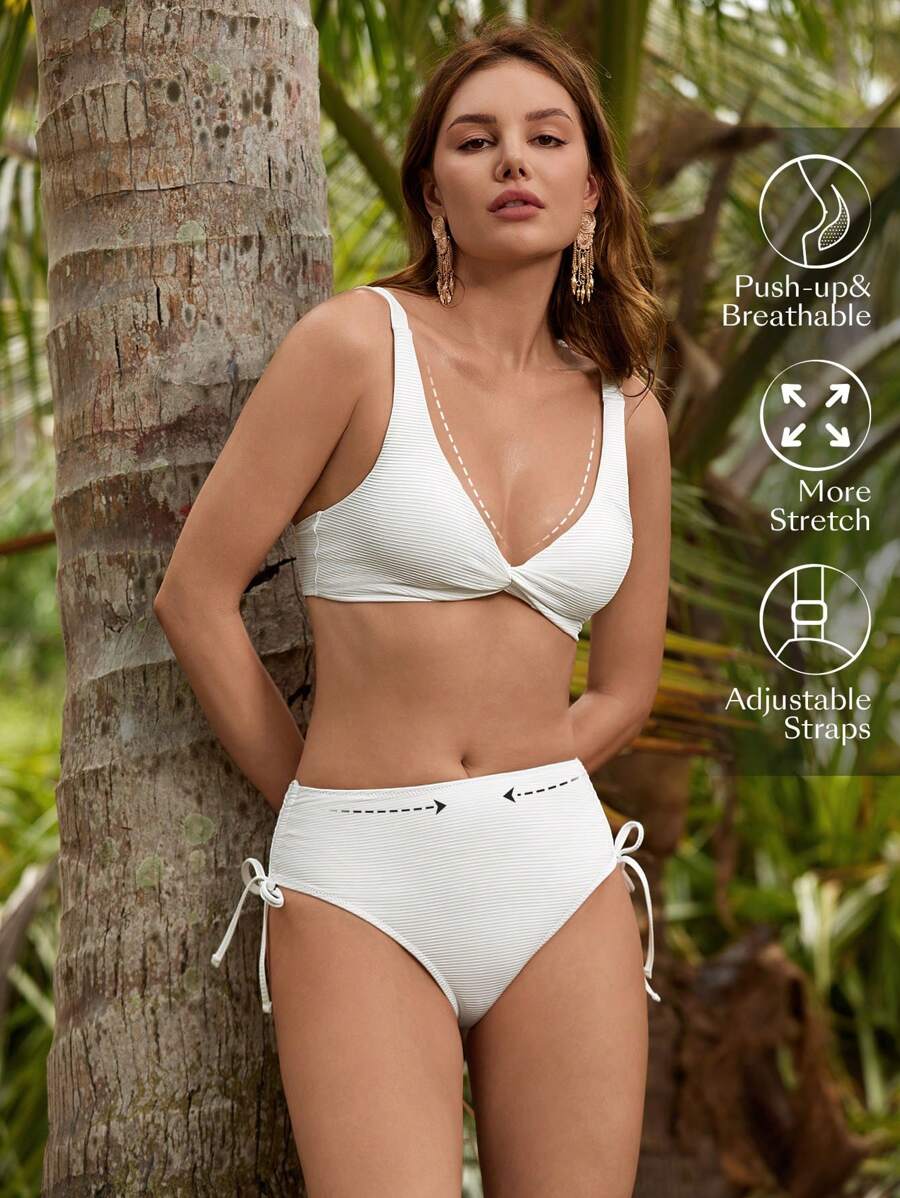 SHEIN Swim Conjunto de bikini con fruncido delantero en textura para mujer, verano - Blanco - Ver 1