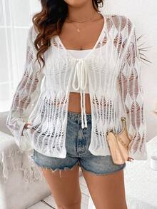 Flirla 大尺寸純色空心針織開衫,適合日常穿著 - 白色 - 查看 5