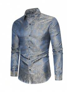 男士长袖佩斯利提花纽扣休闲衬衫