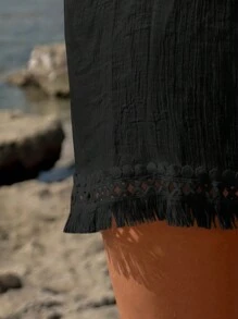 Swim Vcay Summer Beach Women's Simple Fringed Hem Short Sleeve Cover Up In Black - Black - View 4