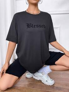 SHEIN Unity Lỏng lẻo phù hợp Quá lớn Áo thun Với In thư Và Thả vai Thiết kế - Xám - Xem 5