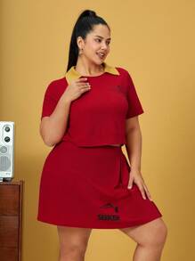 HARRY POTTER X SHEIN Plus Letter Graphic Contrast Collar Tee & Fold Pleated Skirt - Red - View 5