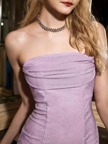 GENKIRA 女士閃閃發亮的褶皺貼身無肩帶連衣裙 - 紫羅蘭色 - 查看 7