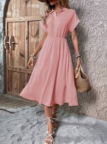 SHEIN Clasi 女性優雅夏日a字短袖衣領禮服 - 粉色 - 查看 1