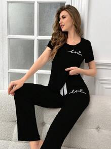 CoupledUp Women's Round Neck Letter Printed Short Sleeve T-Shirt And Drawstring Casual Shorts, Pajama Set - Black - View 3