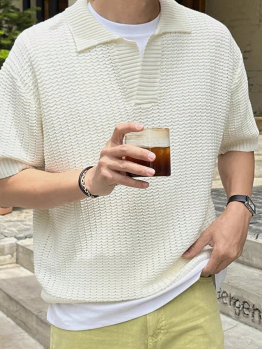 Claim Dot Men's Plain V-Neck Short Sleeve Knitted Crochet Top - White - View 1