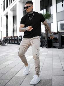 Men's Solid Color Casual Crew Neck Short Sleeve Loose T-Shirt - Black - View 5