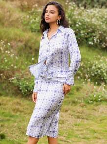 Anewsta Full Printed Button Down Long Sleeve Shirt And Skirt - Multicolor - View 3