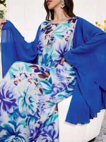 Al Najma Women's Round Neck Flared Sleeve Turkish Dress & Arabic Traditional Dress, Modest Full Length Kaftan, Casual Long Sleeve Dress - Multicolor - View 1