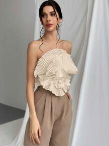 Aloruh 花卉褶皱抹胸，女士休闲不对称，荷叶边露肩修身杏色纯色女式上衣，春夏，派对/夜店服装