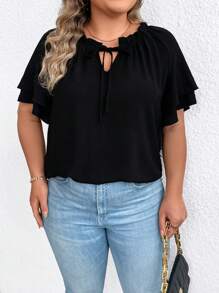 EMERY ROSE Kích thước lớn Của phụ nữ TIE-NECK Ruffle Cắt tỉa Áo sơ mi Với Bùng nổ - màu đen - Xem 3
